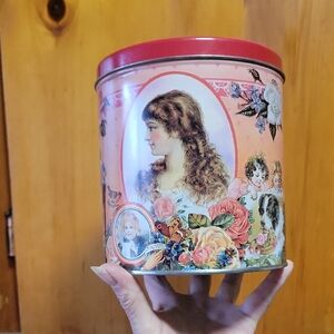 Vintage Mexican  Floral Tin with Victorian Portrait 6" Tall